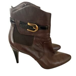 Via Spiga Chocolate Brown Leather Gold Buckle Point Toe Stiletto Boot